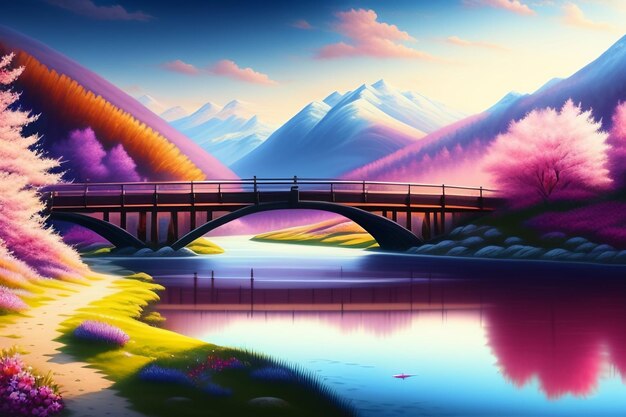 A painting of a bridge over a mountain lake with mountains in the background.