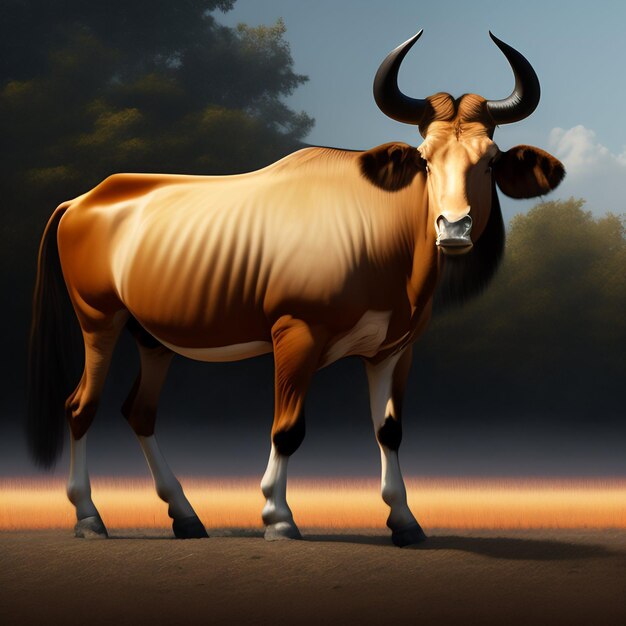 A painting of a brown cow with the word on it