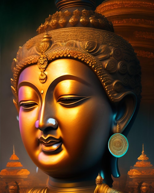 Foto gratuita un dipinto di una testa di buddha con accenti dorati.