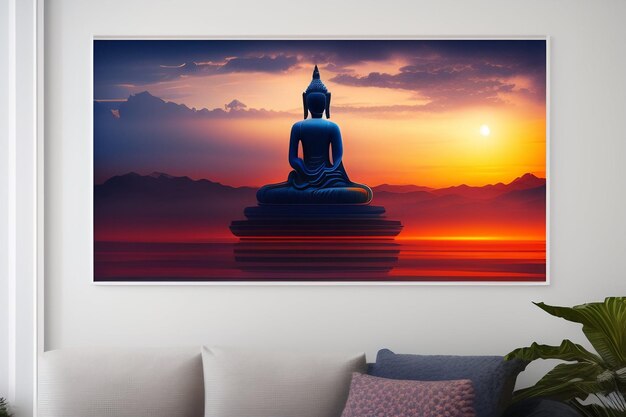 A painting of a buddha on a wall with the sun setting behind it