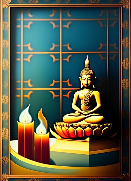 Картина Будды с зажженной свечой на заднем плане.