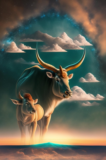 A painting of a bull and a calf