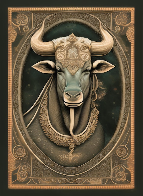 A painting of a bull with a gold chain around its neck.