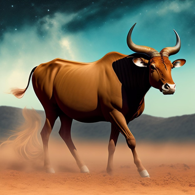 A painting of a bull with horns and a cloudy sky in the background.