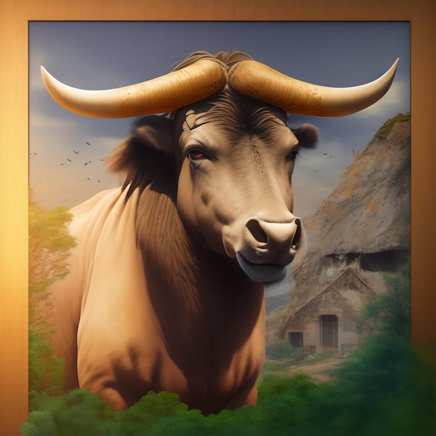 A painting of a bull with horns and a house in the background.