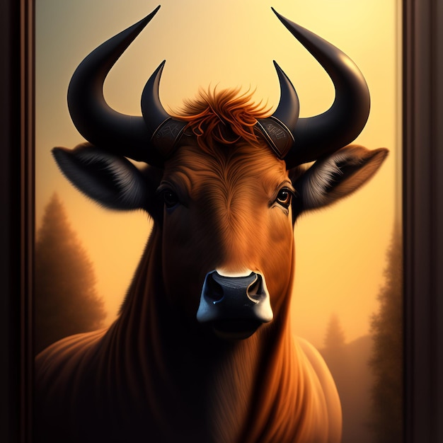 Free photo a painting of a bull with horns and a sunset in the background.