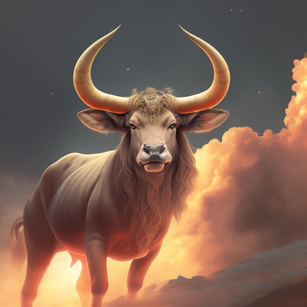 A painting of a bull with large horns