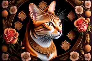 Free photo a painting of a cat with a gold collar and a gold necklace.