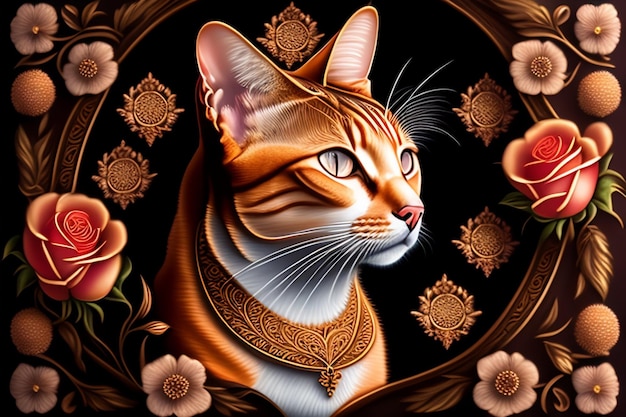 A painting of a cat with a gold collar and a gold necklace.