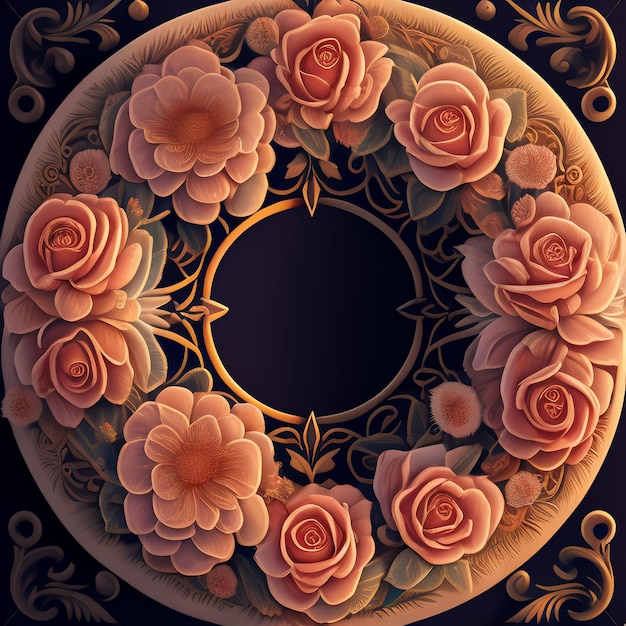 A painting of a circle with pink roses on it