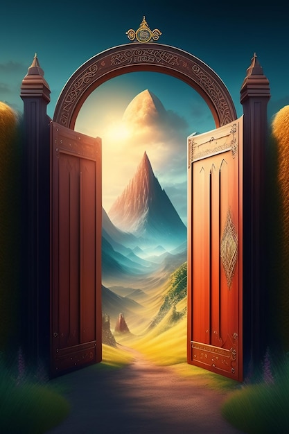 A painting of a door that is open to the mountains.