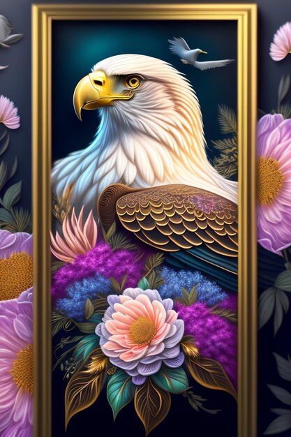 A painting of an eagle with flowers in it