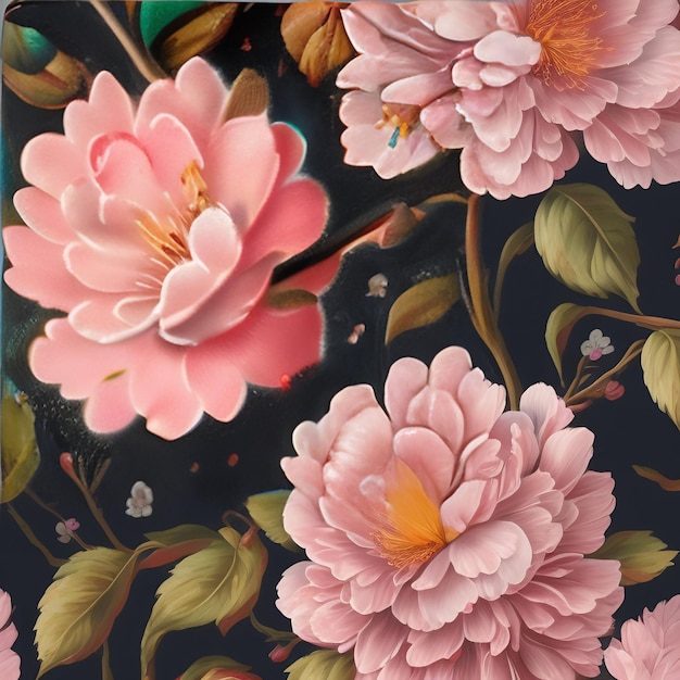 A painting of flowers that is on a black background