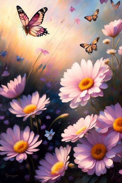 A painting of flowers with butterflies in the foreground