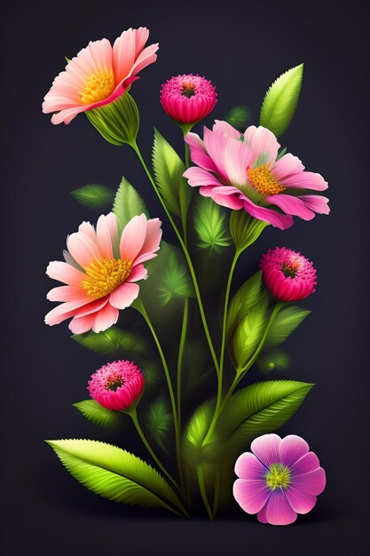 A painting of flowers with green leaves and pink flowers.