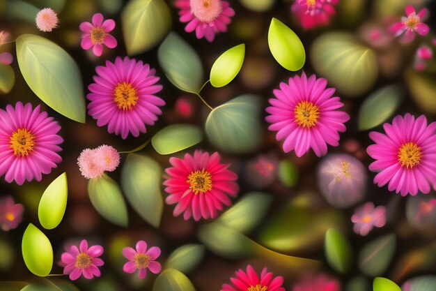 A painting of flowers with green leaves and the words pink on the bottom