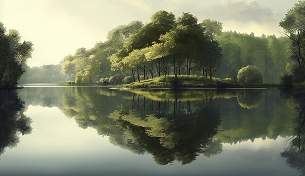 A painting of a forest with the reflection of the trees on the water.