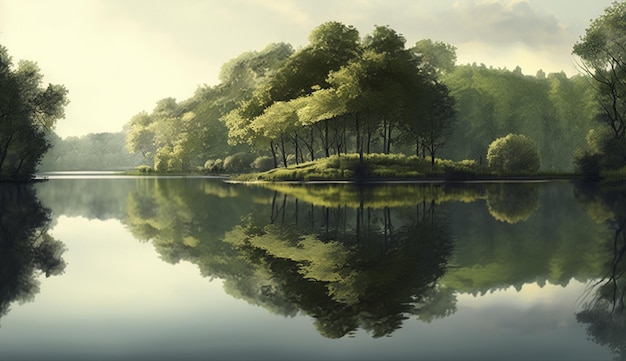 Картина леса с отражением деревьев в воде.