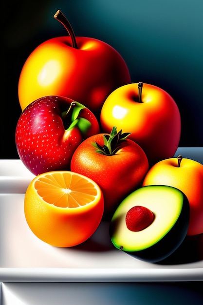 A painting of fruit including an apple, an avocado, and an orange.