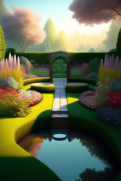 A painting of a garden with a bridge and flowers.