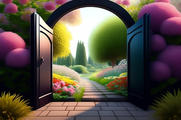 A painting of a garden with a door open to a garden.