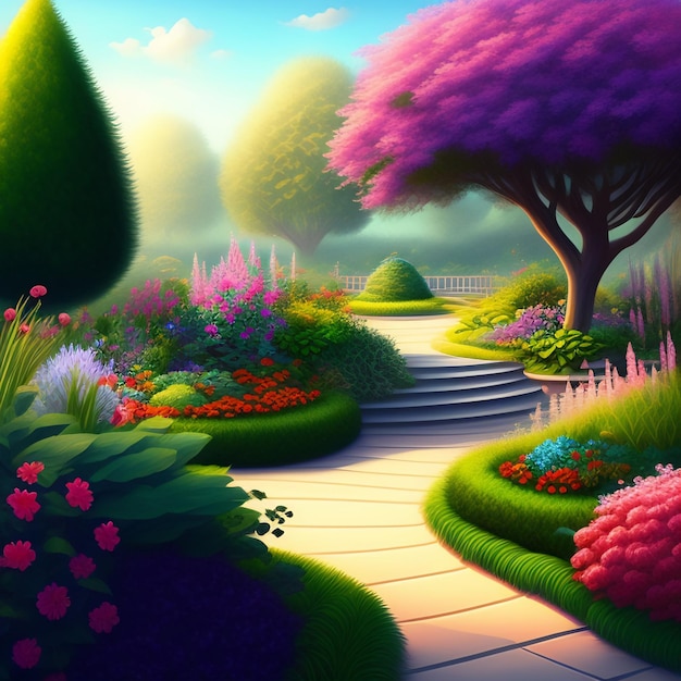 A painting of a garden with a pathway leading to the top.