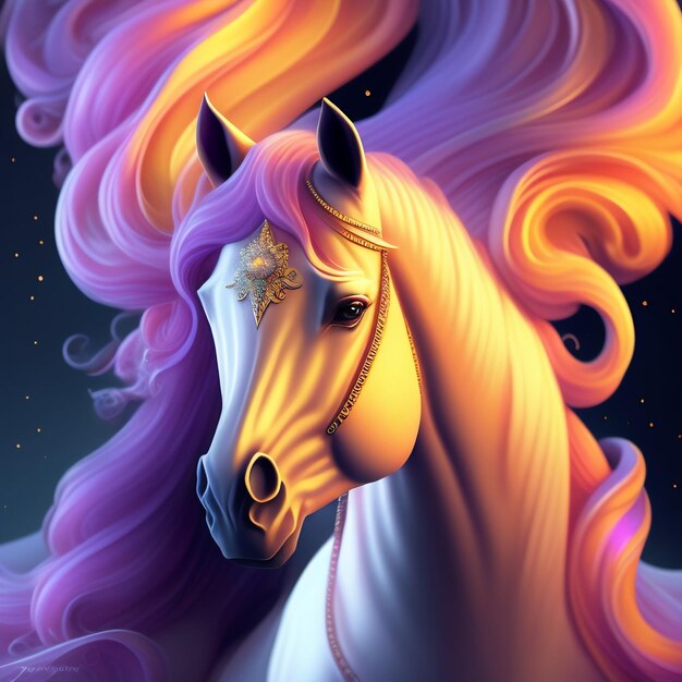 紫と黄色のたてがみと紫と黄色の星を持つ馬の絵.