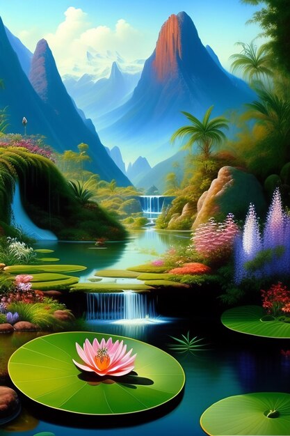 A painting of a lily pad with mountains in the background.