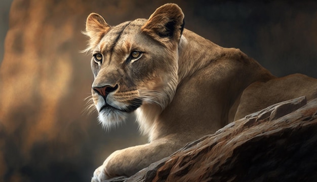A painting of a lioness on a rock