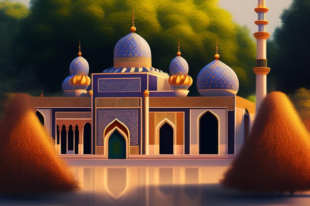 A painting of a mosque in blue and gold.