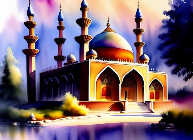 Free photo a painting of a mosque with a blue dome and a sky background.