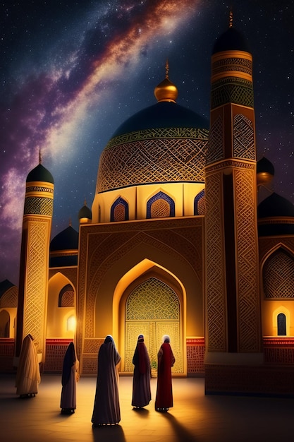 A painting of a mosque with a blue dome and a starry night sky.