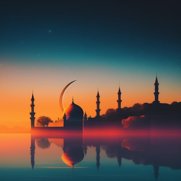 A painting of a mosque with a crescent moon in the background.