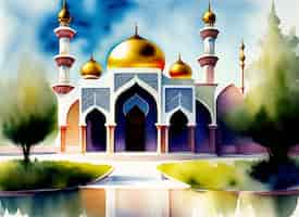 Free photo a painting of a mosque with gold domes and a blue sky.