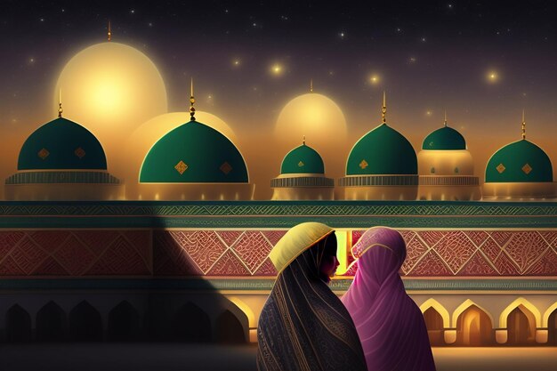 光に照らされたモスクの絵。