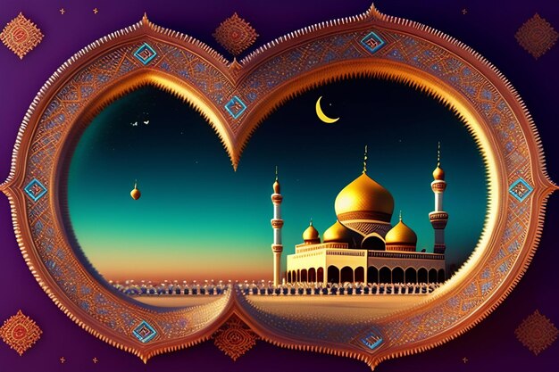 A painting of a mosque with a moon and stars in the background.