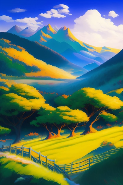 Картина горного пейзажа с забором и деревьями.