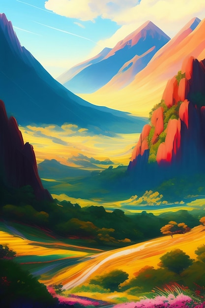 A painting of a mountain landscape with a road going through it.