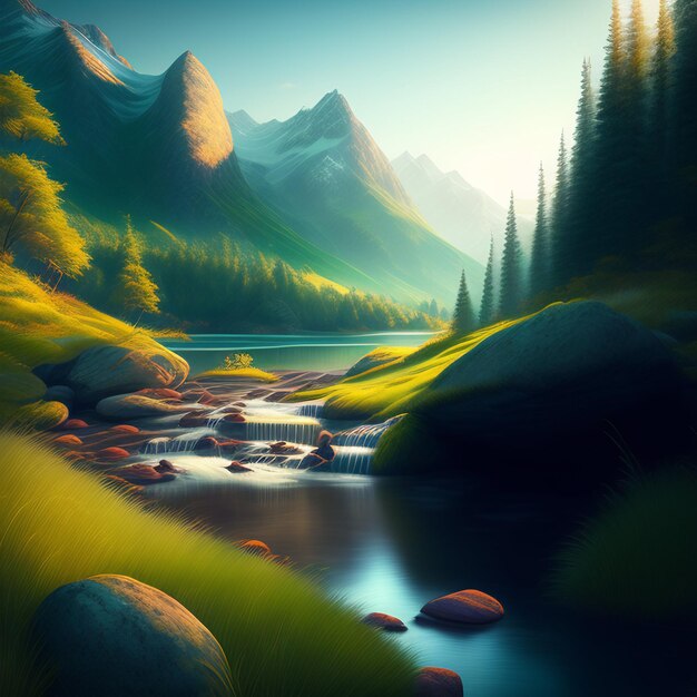 A painting of a mountain stream with a mountain in the background.