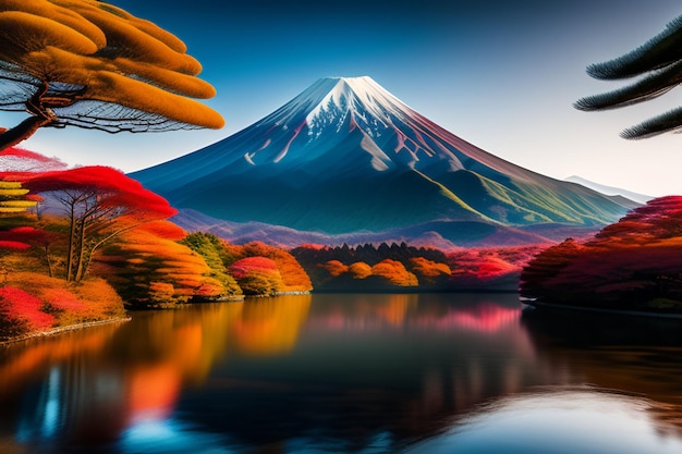 A painting of a mountain with autumn leaves