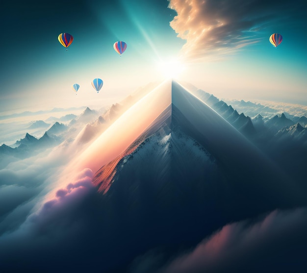 Free photo a painting of a mountain with hot air balloons and a sky with clouds