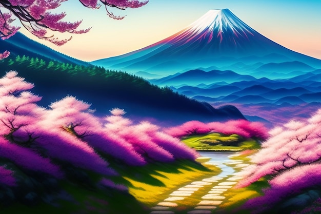 Free photo a painting of a mountain with a pink flower in the foreground.