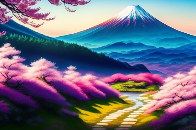 ピンクの花を前景にした山の絵。