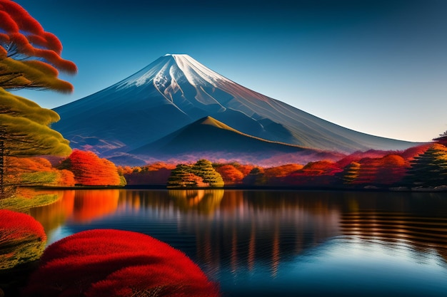 Free photo a painting of a mountain with a red flag and a small house on the water.