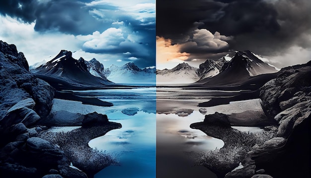Free photo a painting of mountains and icebergs with a blue sky and clouds in the background.
