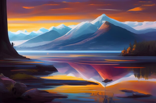 A painting of mountains and a lake with a sunset in the background.