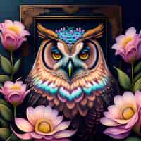 Free photo a painting of a owl with a flower frame in the background.
