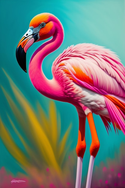 A painting of a pink flamingo with a black beak and a yellow beak.