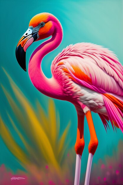 A painting of a pink flamingo with a black beak and a yellow beak.