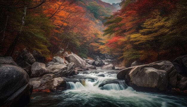 A painting of a river with a waterfall in the foreground.